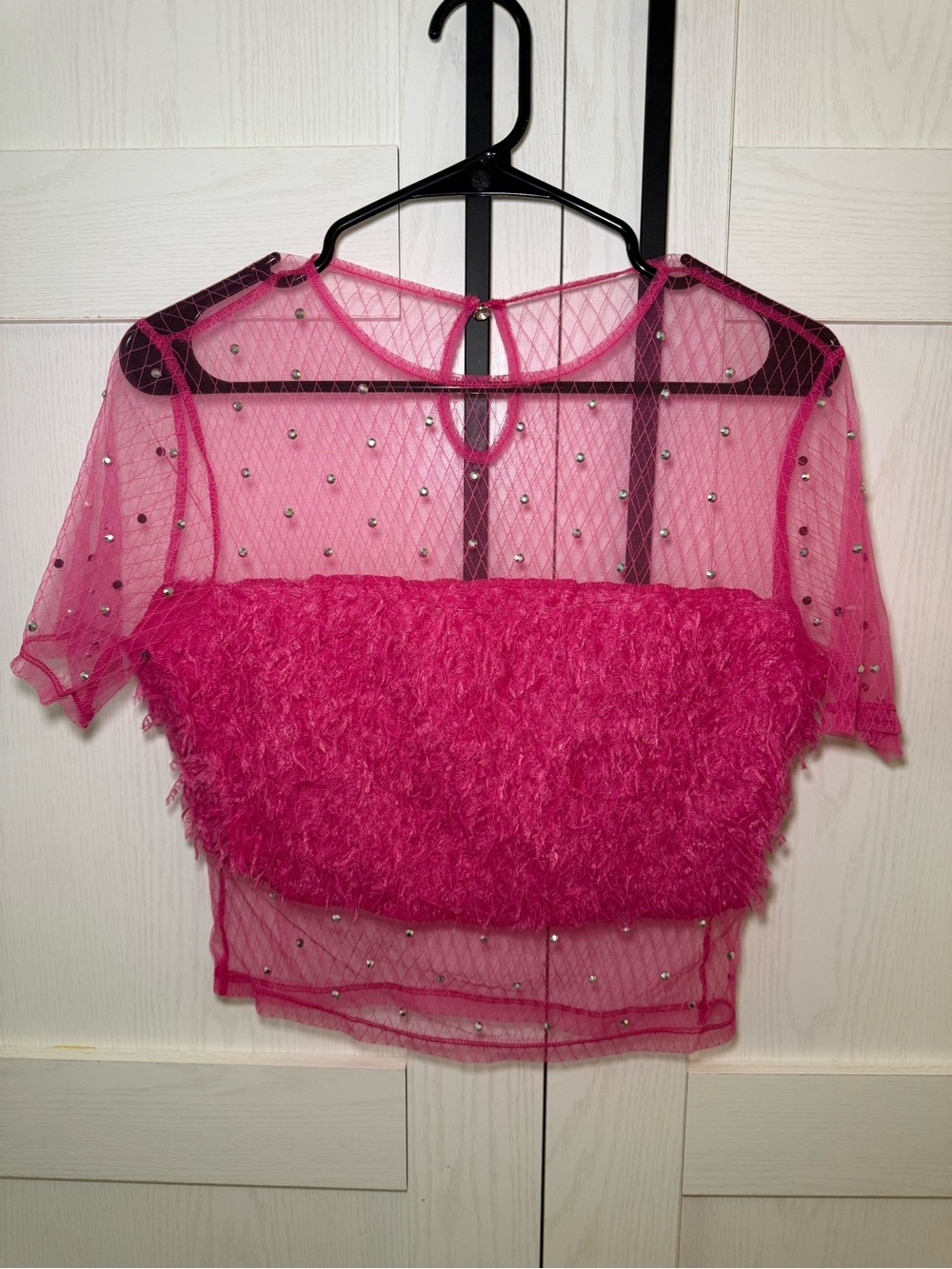 Hot Pink Sheer Rhinestone Fuzzy Crop Top